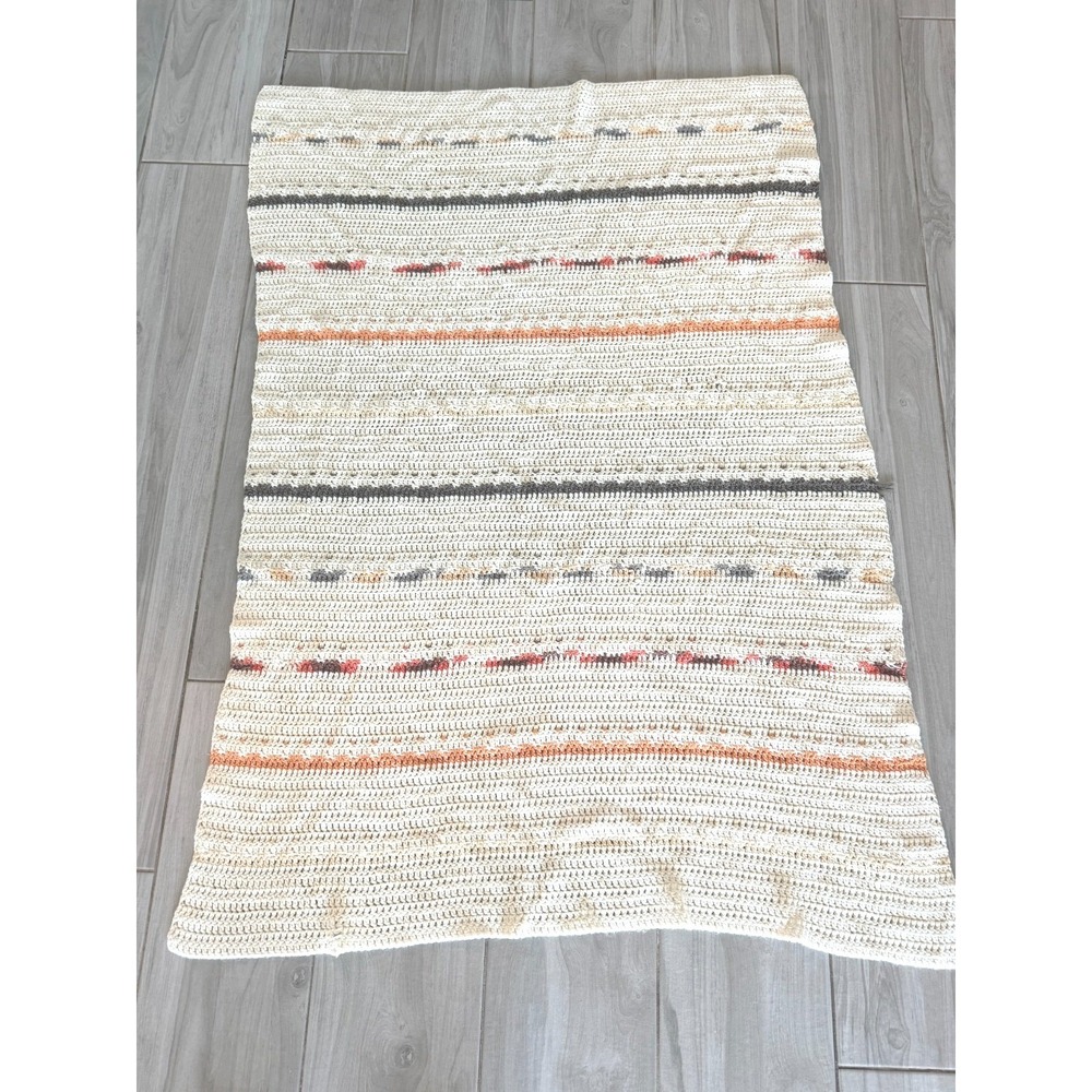 Unbranded Crochet‎ Throw Blanket 59"x41" Cream Orange Brown Striped Boho Cozy